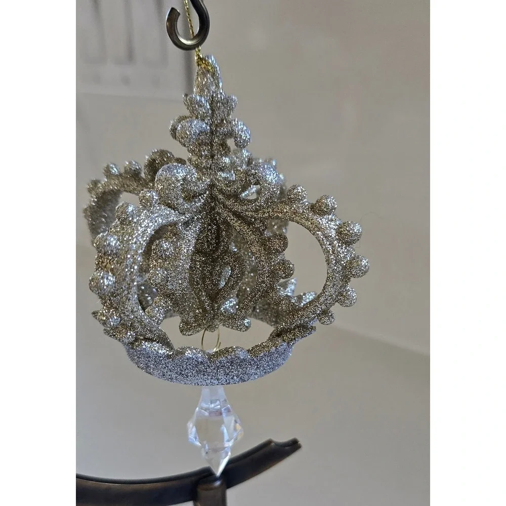 New Kurt Adler Gold Silver Glitter Crown Christmas Ornaments Crystals Set of 2